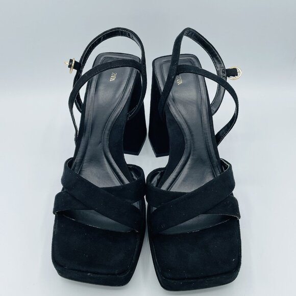 Zara Sandals Womens 8.5 /EU39 Black Y2K Square Ankle Strap Chunky Block Heel - Picture 10 of 13